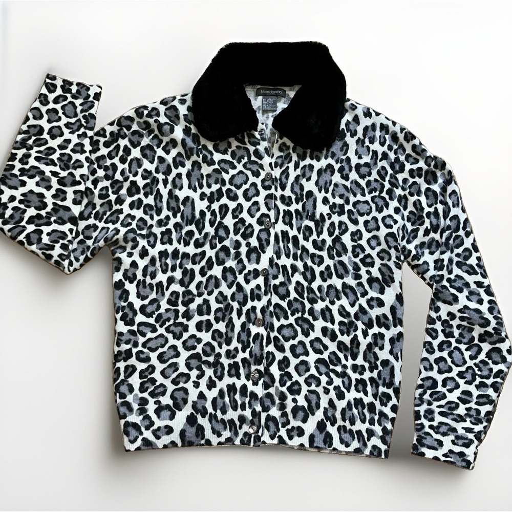 Mendocino Leopard Print Sweater Womens Large Lambswool Angora Cardigan Luxury